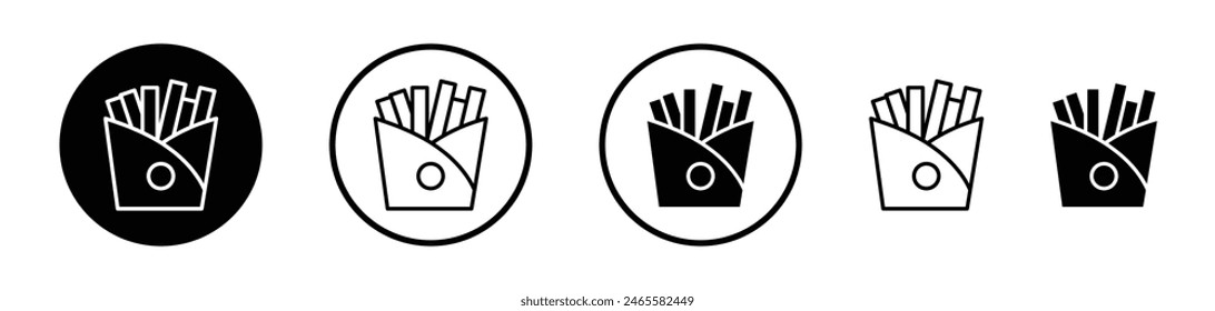 French fries icon set. Potato fries bag vector symbol and fried chips cone snack icon.