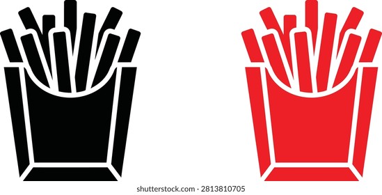 French fries icon set in solid black and bright red with container appetizer isolated restaurant