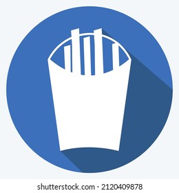 French Fries Icon in trendy long shadow style isolated on soft blue background