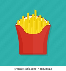 French fries icon. Vector illustration of french fries in red paper box, isolated flat design with shadow. Picture for fastfood places.