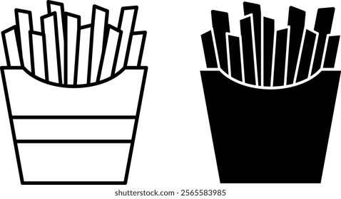 French Fries Icons. Black and White Vector Illustration. Sliced ​​Fried Potato in Package. Tasty Food. Fast Food Concept
