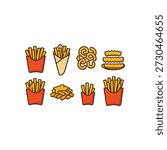 French fries icons set – flat, outline, crispy and fast food graphics