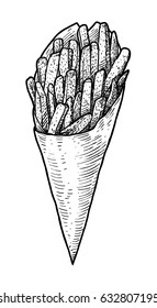 French fries illustration, drawing, engraving, ink, line art, vector