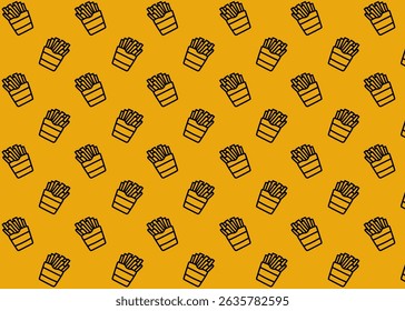 A French fries illustration pattern with yellow background, food packaging, menu illustration hand drawn print ads, food business, restaurant
