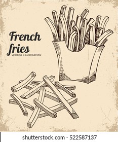 French Fries Illustration, Vector Drawing In The Old Background. A Sketch In Ink.