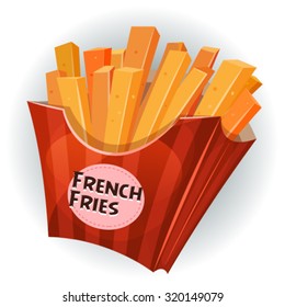 French Fries Inside Red Package/
Illustration of cartoon yummy french fried potatoes inside red striped carton package, for snack restaurant and takeaway food