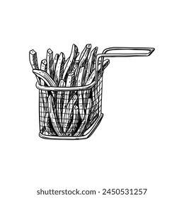 French fries in iron basket. Fast food and junk food. Vector isolated illustration. Sketch style.