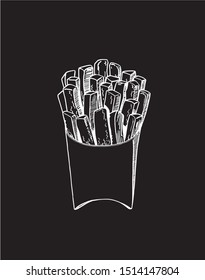 French fries isolated on black,graphical engraved vector illustration,fast food