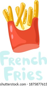 French Fries Kawaii Vector Icon In Flat Style. French Fries In A Paper Wrapper Box. American Fast Food. Roasted Potato Chips, Heap Of Fried Greasy Potato Sticks For Poster, Banner, Menu Template.