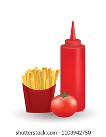 French fries with ketchup bottle and fresh tomato, vector