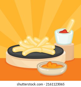 French fries with ketchup and chili sauce kawaii doodle flat vector illustration icon modern 3d minimal backdrop 