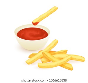 French fries with ketchup isolated on white.