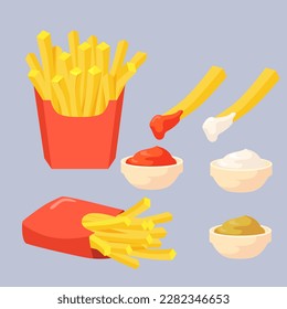 french fries with ketchup, mayonnaise, sweet and sour, barbecue, mustard or mango-chili sauces