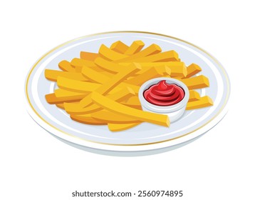 French fries with ketchup on a plate vector illustration. French fries on a plate icon vector isolated on a white background. Fast food meal drawing