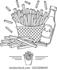 Fritas Francesas e Ketchup Contorno Ilustração Vetorial