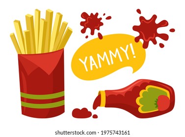 French fries and ketchup tomato sauce. Fast food cartoon, ketchup stain. Yellow sticks, roasted potato chips potatoes. Menu card delicious fast food, tasty unhealthy lunch. Hand drawn vector