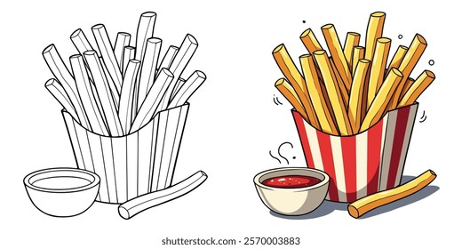 French Fries Line Art Vector Illustration Black and White with Coloring Sample. Bold and Easy Food, Sweets, Drinks, Dessert, and Snacks Coloring Pages for Adults and Kids.