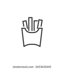 Ícone de linha de batatas fritas em um contêiner. Ícone moderno do vetor de contorno. Símbolo de fast food e design de logotipo. Este ícone é perfeito para menus e temas de lanches.