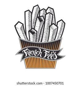 French fries logo or icon with lettering. Chips fast food in paper box. Fsat food vintage isolated vector illustration for menu in restaurant, bar, cafe.