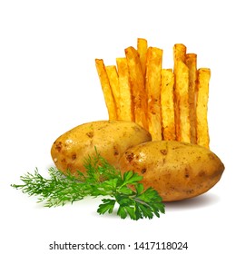 French fries low poly. Fresh, tasty potato. Tasty green dill and parsley. Delicious and healthy lunch. Potato whit green parsley in triangulation technique. 