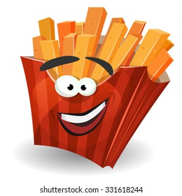 French Fries Mascot Character/
Illustration of a cartoon french fried potatoes character with red striped carton package, as a funny mascot for snack restaurant and takeaway food