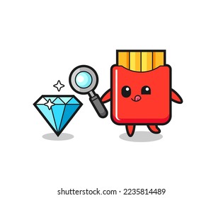 Maskottchen für Pommes Pommes überprüft die Echtheit eines Diamanten , süße Stilgestaltung für T-Shirt, Aufkleber, Logo-Element