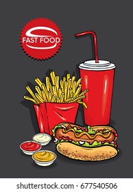 French fries, mayonnaise, ketchup, mustard,hot dog and a glass of soda. Realistic illustration isolated on white background. Vector drawing for the menu of a cafe of fast food, restaurants or posters.