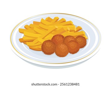 French fries and meatballs on a plate vector illustration. Roasted meatballs and french fries icon vector isolated on a white background