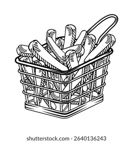 French fries in metal basket drawing - vector illustration