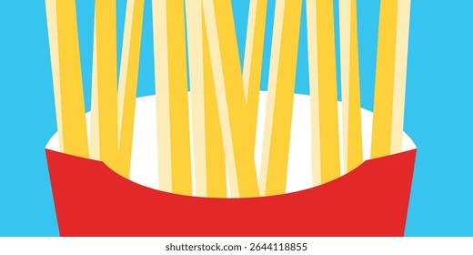 French fries minimalist and simple close up macro background wallpaper. Fry potato pattern with red paper carton and bright light blue backdrop