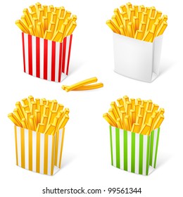 French fries in a multi-colored striped packaging. Illustration on white background