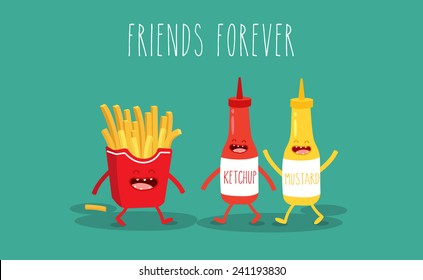 French fries, mustard and ketchup. Fast food. Vector cartoon. Friends forever. Use in the menu, in the shop, in the bar, the card or stickers.