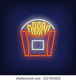 French fries neon sign. Glowing illustration of French fries box on dark blue brick background. Can be used for fast food cafe, shops, night advertisement