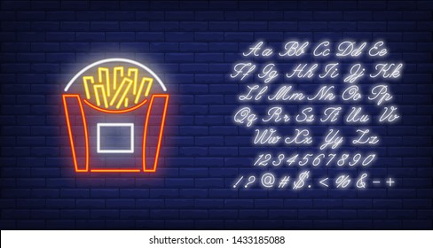 French fries neon sign. Glowing illustration of French fries box on dark blue brick background. Can be used for fast food cafe, shops, night advertisement
