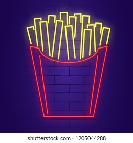 French fries neon sign on brick wall background. Light banner. Vector illustration