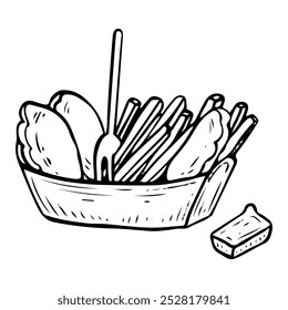 French fries and nuggets hand drawn doodle. Deep fried potato pieces and battered chicken with sauce. Basket with fork. Snack fast food. Order in cafe. Vector sketch line art illustration.