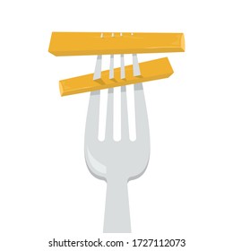 French fries on the fork vector isolated. Element for cafe and restaurant menu. Tasty and delicious food. Vegetarian and vegan ingredient. Roasted potato