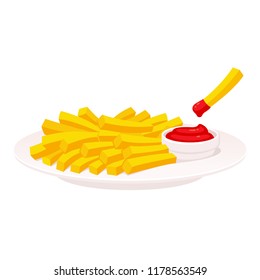 French fries on plate with fry dipped in ketchup. Potato side or appetizer for dinner, isolated vector illustration.