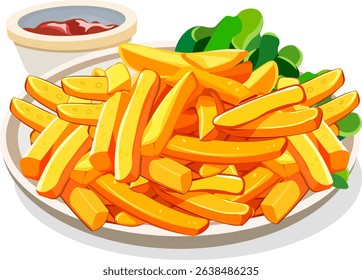 French fries on a plate ketchup no background