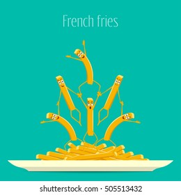 French fries. Fries on a plate vector. Funny, cartoon fried potatoes on a plate. Cartoon characters smiling and laughing. Funny fries, food vector. Vector illustration, flat design