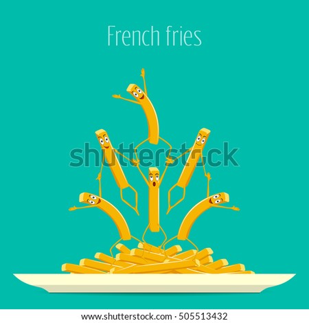 French fries. Fries on a plate vector. Funny, cartoon fried potatoes on a plate. Cartoon characters smiling and laughing. Funny fries, food vector. Vector illustration, flat design