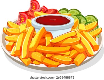 French fries on a plate without background ketchup in a bowl tomatoes cucumbers