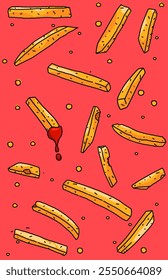 batatas fritas em fundo vermelho desenho animado doodle comida