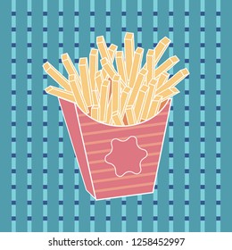 french fries on a turquoise checkered background. vector illustration