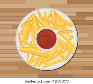 french fries on white plate with chilli or tomato sauce