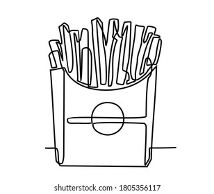 French fries. One continuous drawn line of french fries drawn from the hand picture silhouette. One line art. fast food food potato cooked in pocket