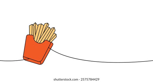 French fries one line colored continuous drawing. Traditional American fast food.