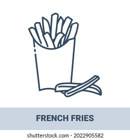 French fries in a pack box outline monochrome icon with title. Collection of signs in different food categories. Symbols for restaurant decoration. Vector illustrations isolated on white background.