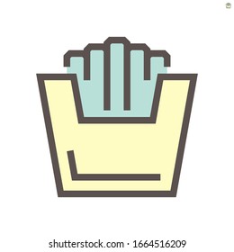 French fries in pack or paper box package vector icon. That fast food, tasty snack or menu of american consist of slice chip or stick and salt for eat. Unhealthy with calories from fat. 48x48 px.