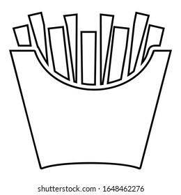 French fries in package Fried potatoes in paper bag Fast food in bucket box Snack concept icon outline black color vector illustration flat style image